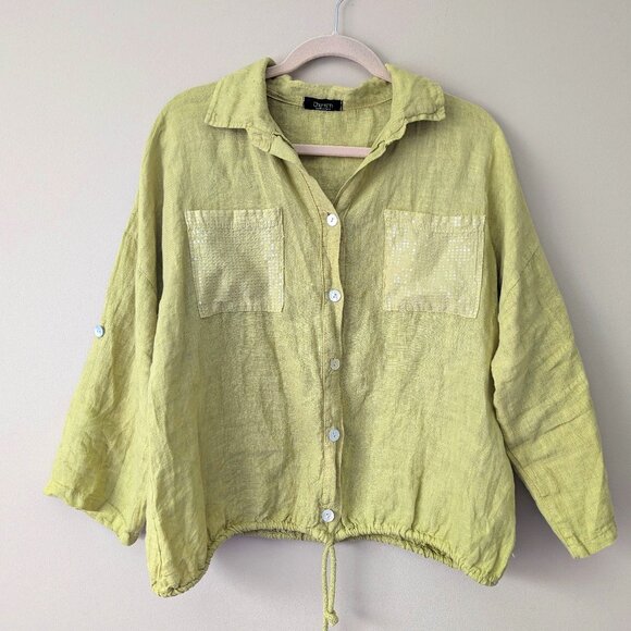 CHERISH  Women's Linen Blouse Button Down Roll Tab Sleeve Made Italy Sz X  / XL - Picture 1 of 6